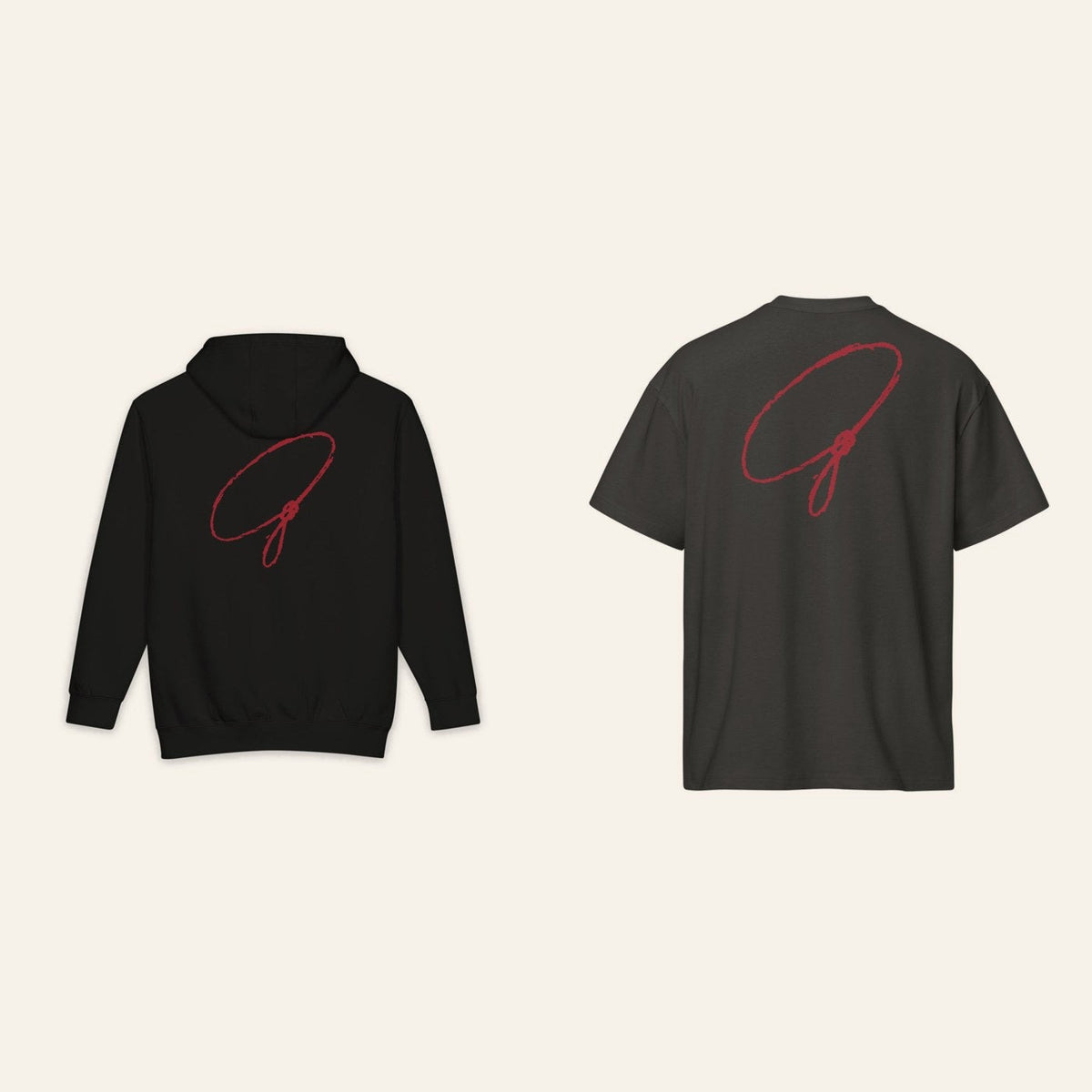 Del Rancho hoodie and tee, backs side by side.