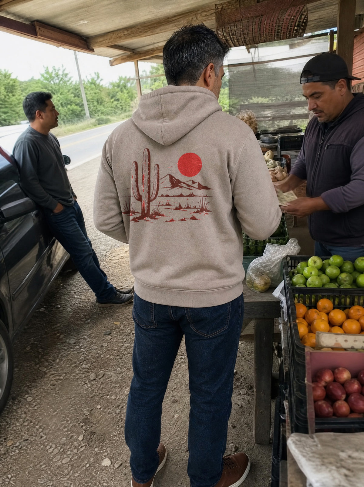 Man in a Mushroom El Camino Hoodie, back view, paying at a roadside fruit stand on a highway