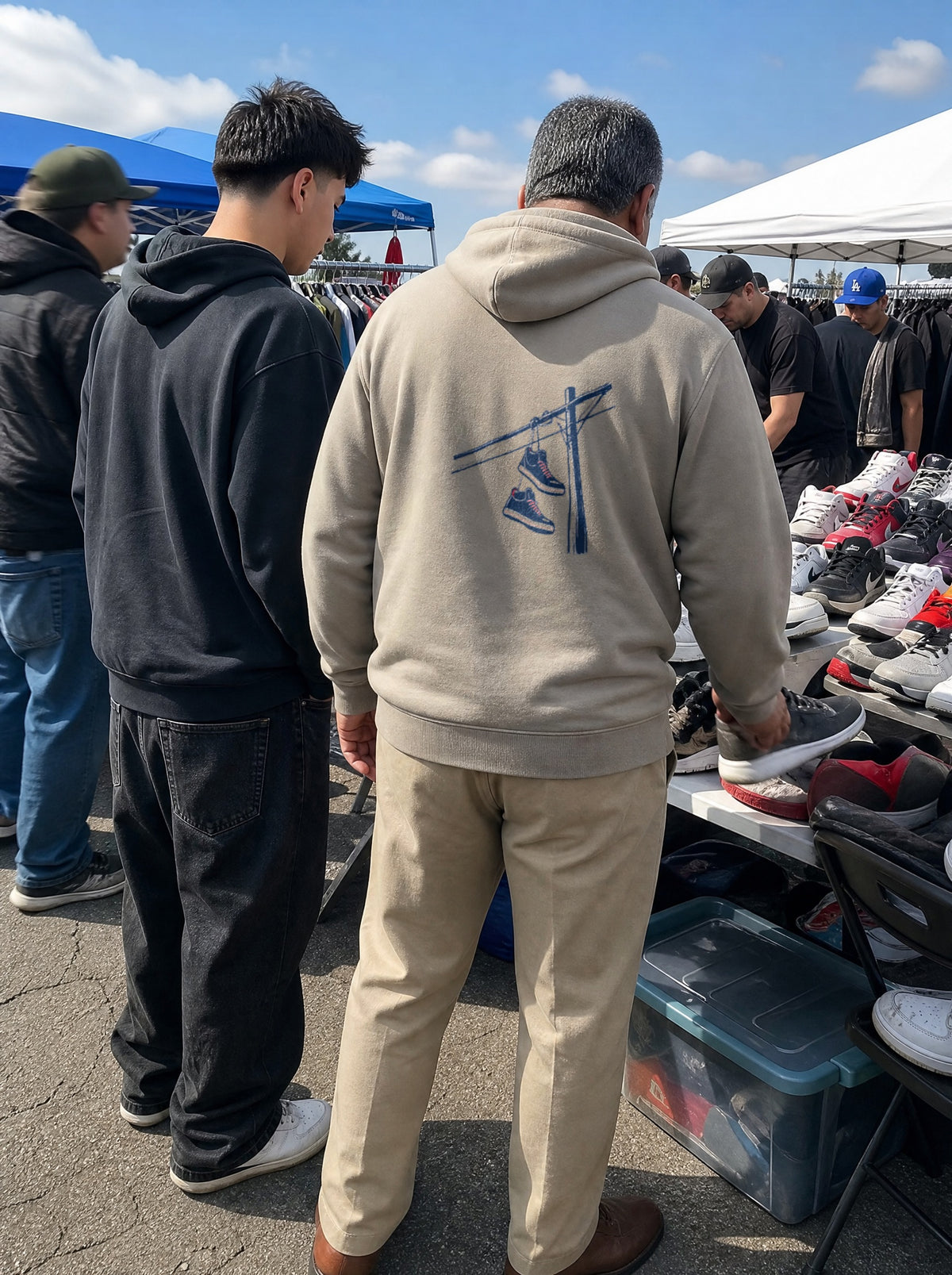 Man in a Mushroom Los Tenis Hoodie, back view, browsing a sneaker table at a swap meet with his son